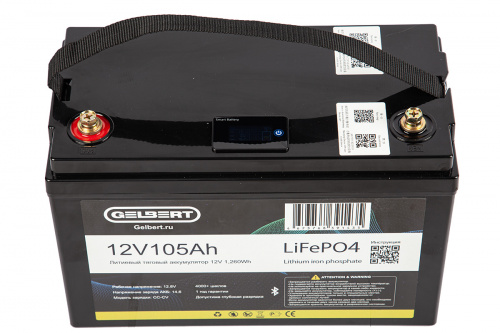 Аккумуляторная батарея литиевая Gelbert LiFePO4 (12V/105Ah/100А) [ 6-EVF-100] Bluetooth — тяговый AGM аккумулятор   А·ч