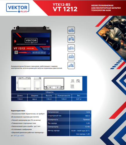 VEKTOR VT 1212 — купить аккумулятор VEKTOR